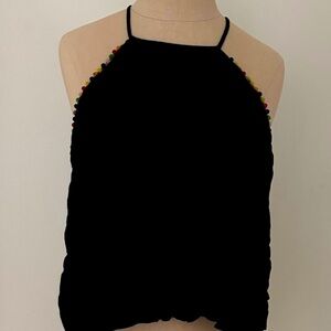Cropped Halter Pom-Pom Top, Black, 100% Rayon, Women’s Size M